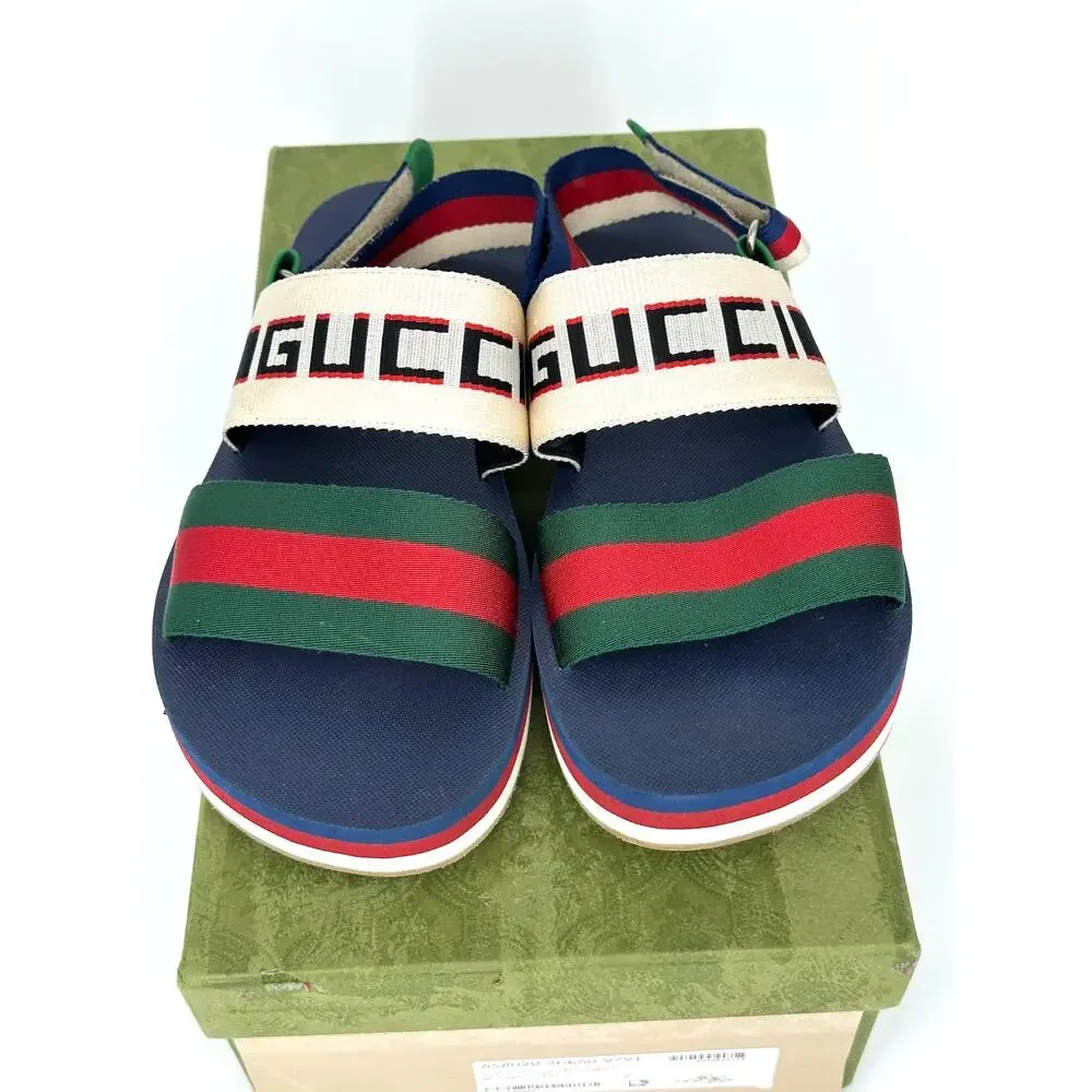 Gucci Bedlam Slingback Flatform Sandal Navy Web Stripe Logo Men's 9 EU 42